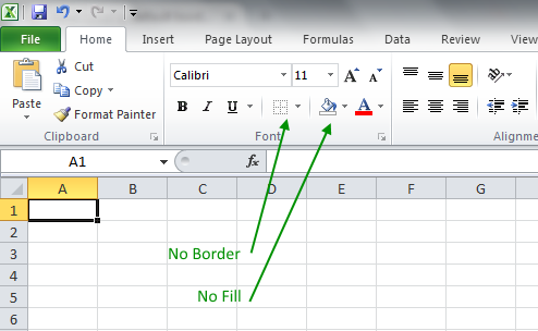 Screenshot of Excel indicating locations of No Border and No Fill options