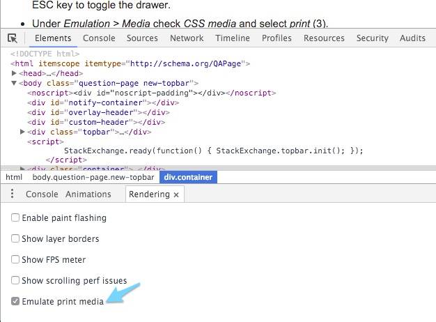 Image of Chrome 49+ Print Preview option in Dev Tools
