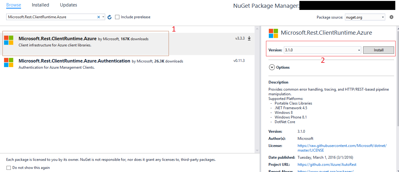 Nuget Package Manager window of Project
