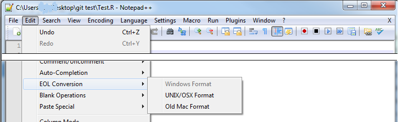 Notepad++ with the menu Edit - EOL Conversion opened