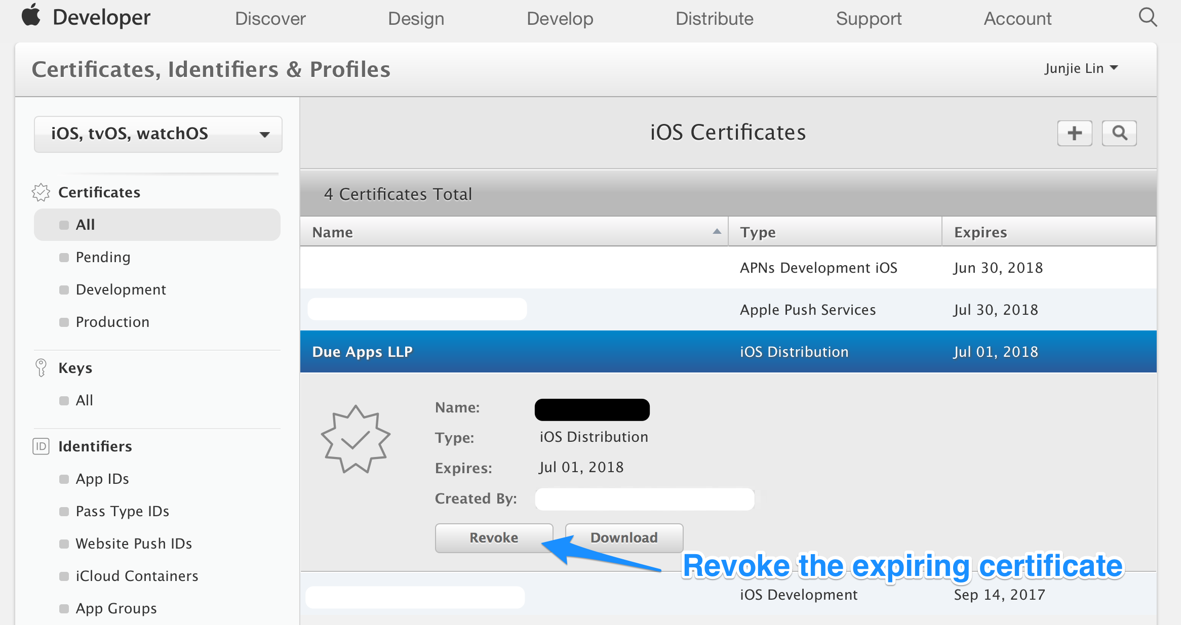 Select the expiring certificate and click the Revoke button