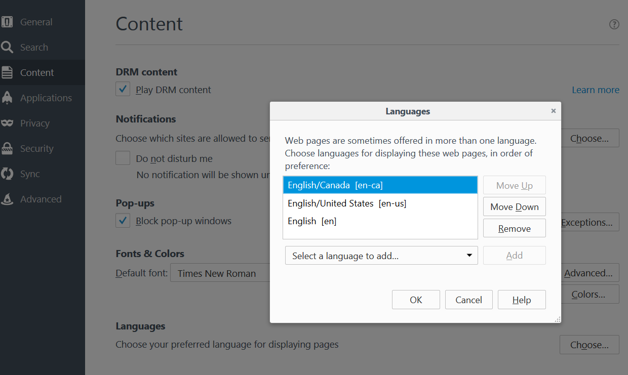 FF settings for Language