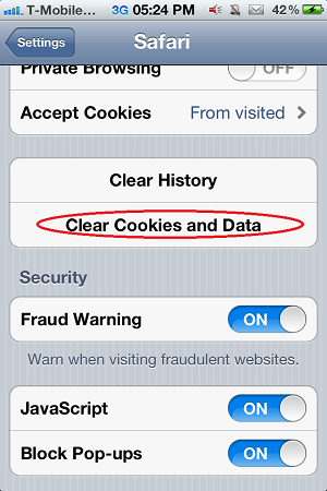 iPhone Safari Clear Cookie and Data