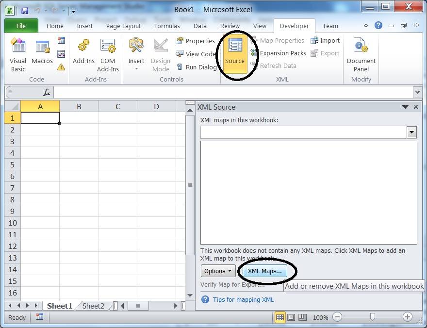 Excel showing key UI elements for creating an XML map