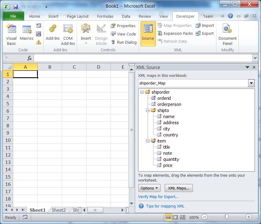 Excel showing XSD loaded in an XML map