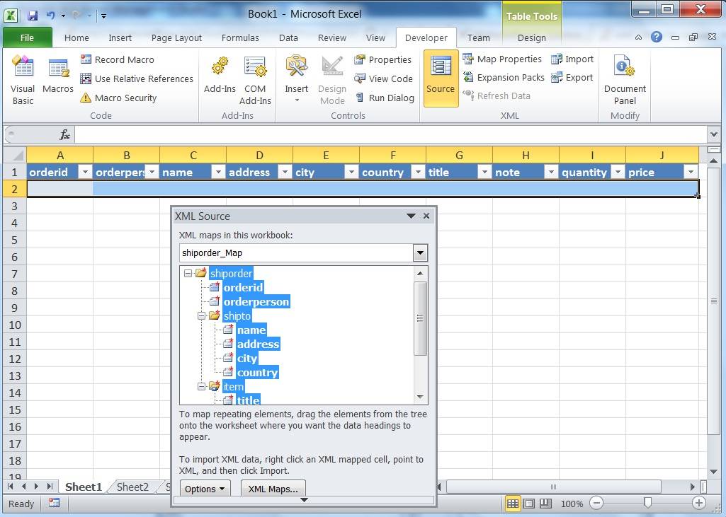 Excel showing mapped XSD