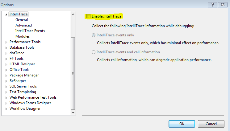Disable IntelliTrace in Visual Studio 2012