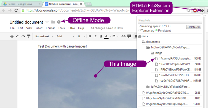 screenshot of an offline google drive document and its storage of a document in filesystem