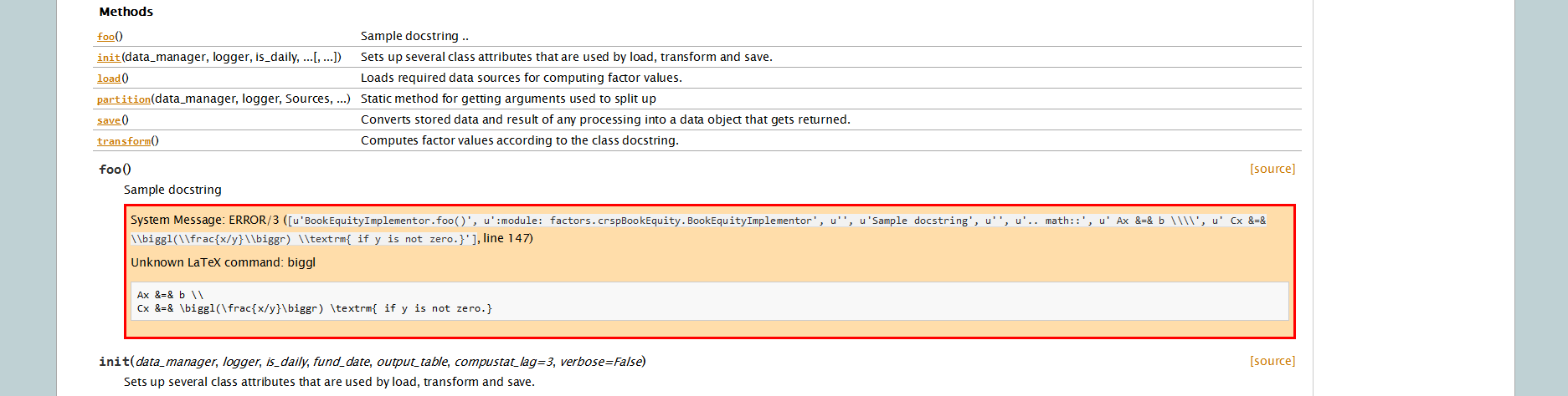 Snippet of the generated doc page showing the error exactly as it appears from Sphinx.