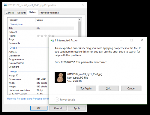 Screenshot of Error 0x80070057 on Windows 10