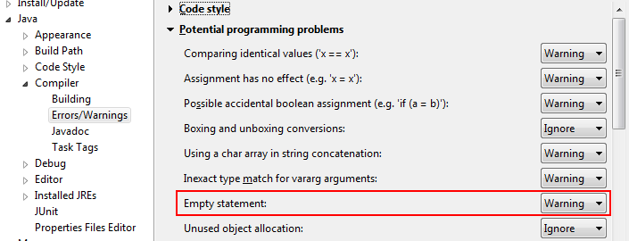 Java->Compiler->Errors/Warnings