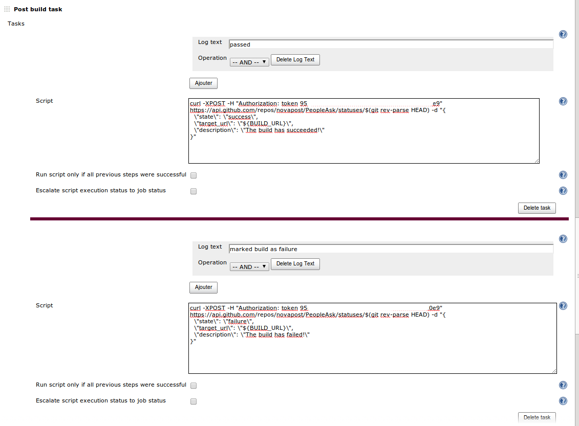 Screenshot of the Post build task configuration