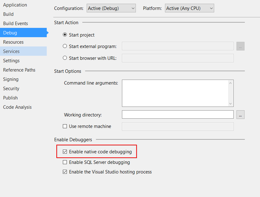 "Enable native code debugging" checkbox