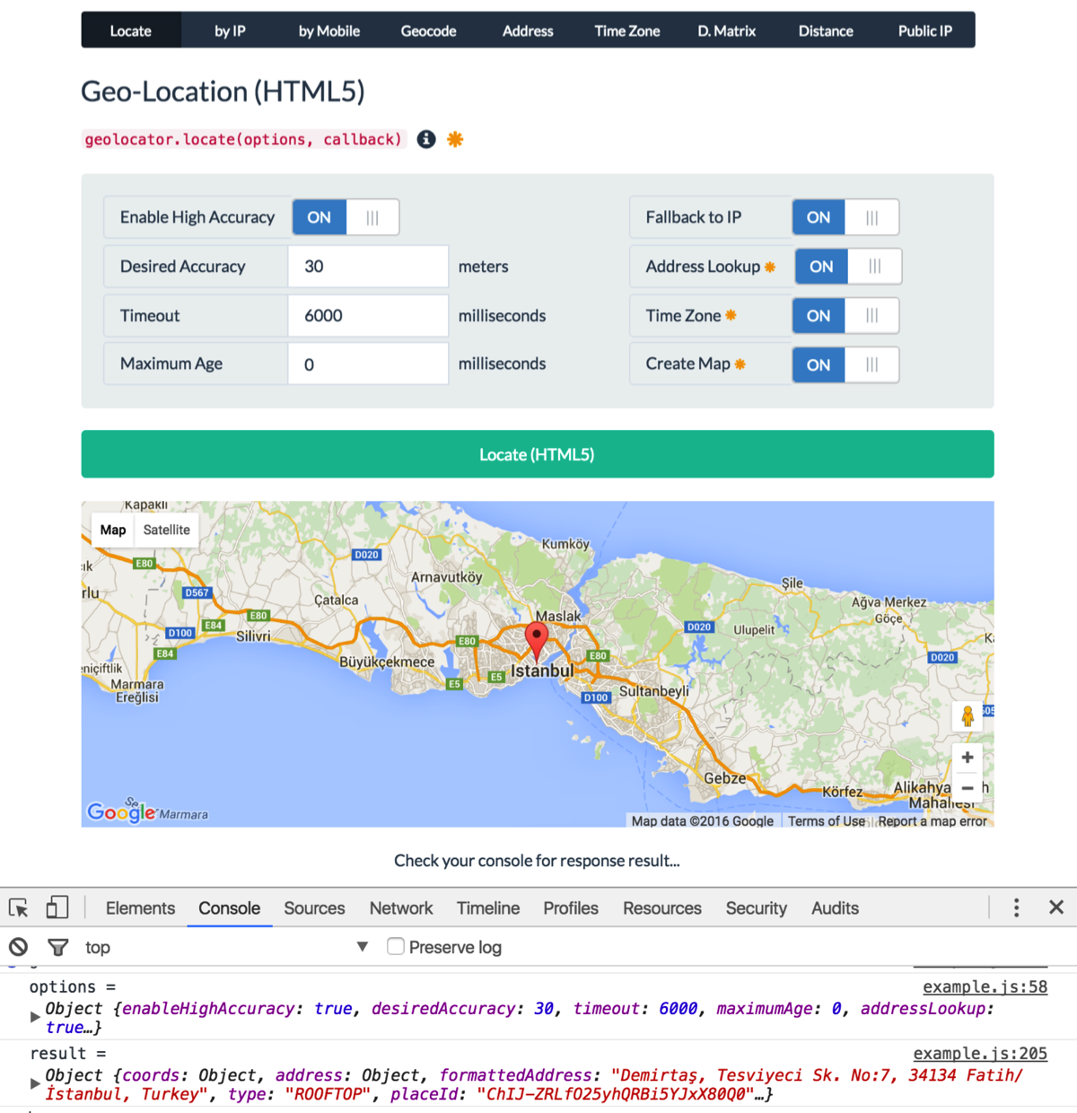 Geolocator Example Screenshot