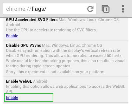 enable WebGl Chrome Android