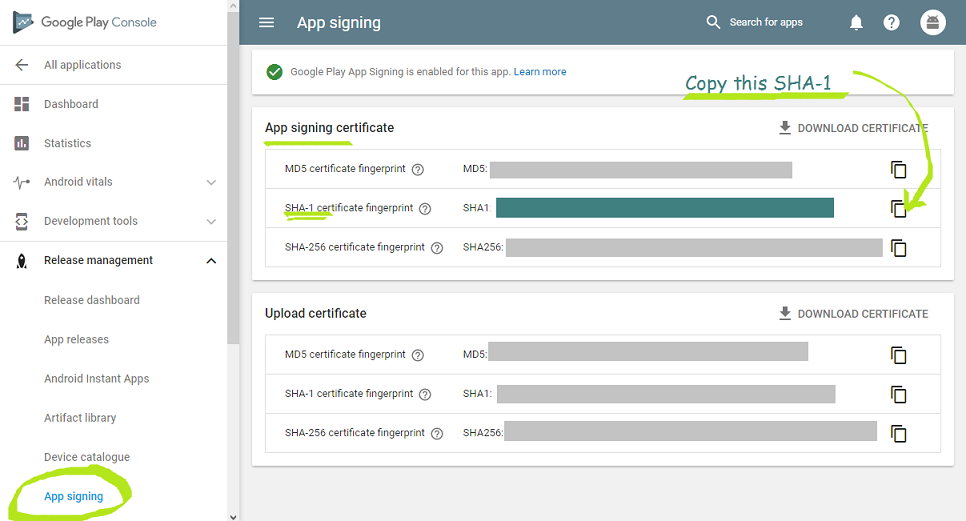 App Signing page - Google Play Console
