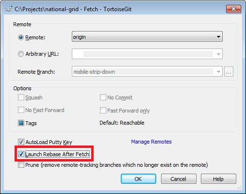 TortoiseGit fetch dialog highlighting Launch-Rebase-After-Fetch checkbox