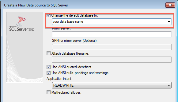 Specify database name for odbc connection to Access Azure server