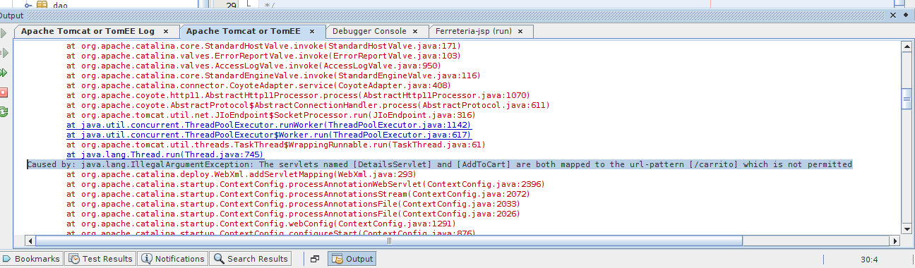 Caused by: java.lang.IllegalArgumentException: The servlets named [DetailsServlet] and [AddToCart] are both mapped to the url-pattern [/carrito] which is not permitted