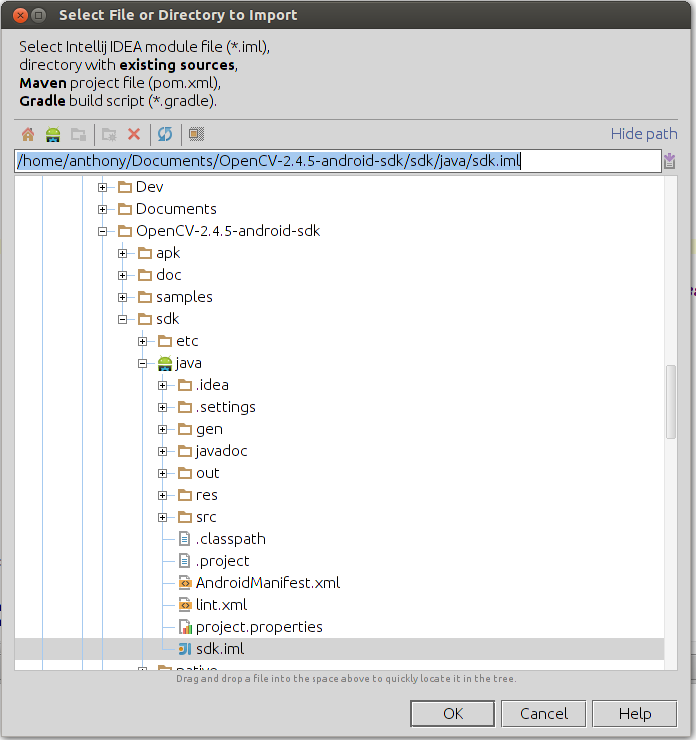 Select iml file to import module