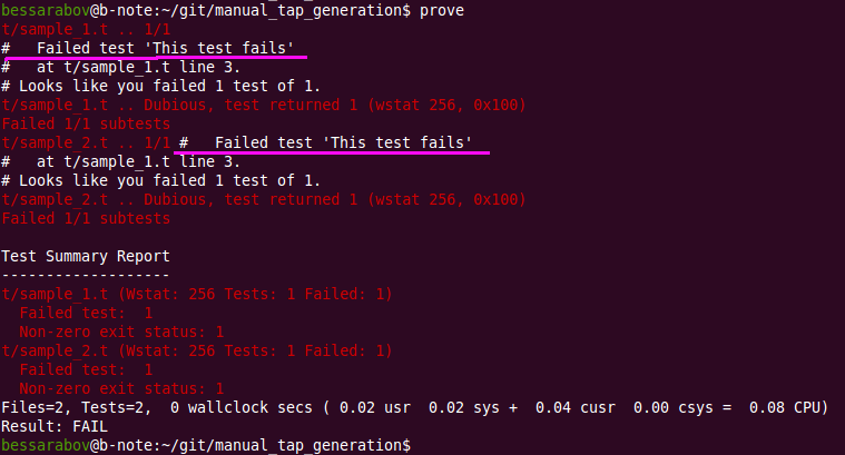 Perl prove output for 2 sample unit tests