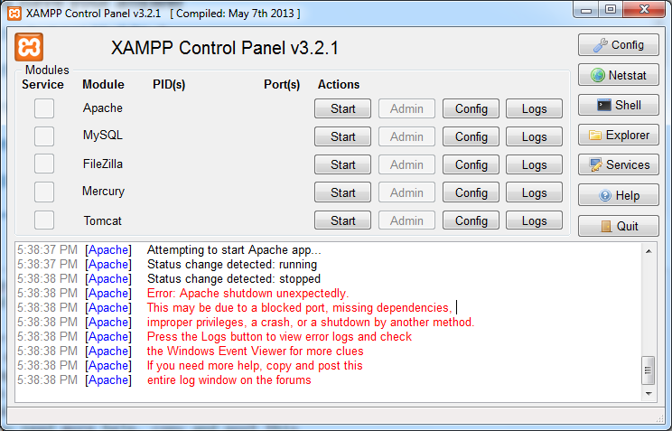 Error on running Apache at XAMPP Controm Panel