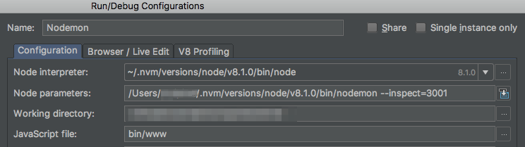 Node.js nodemon webstorm debug