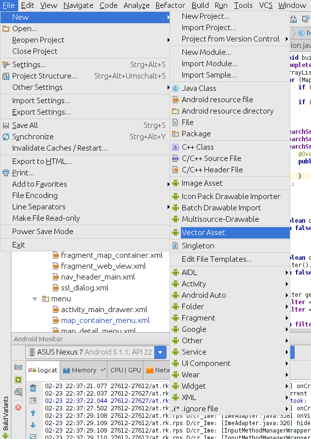 Menu entry of the Vector Asset Studio