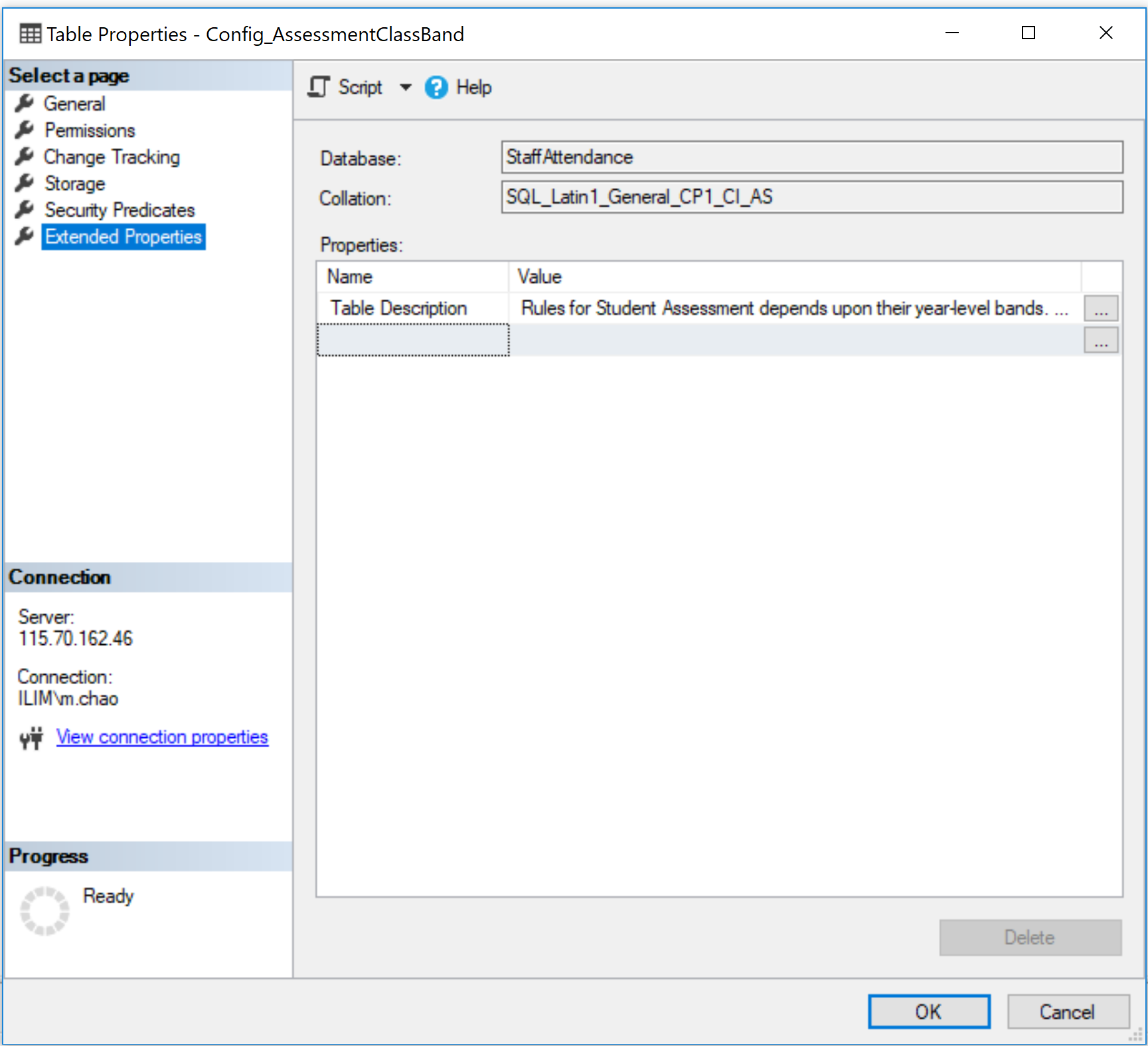 Screen Capture for Adding Descriptive Text to a Table Using SSMS