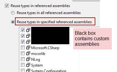 Configure Service Reference window assemblies section