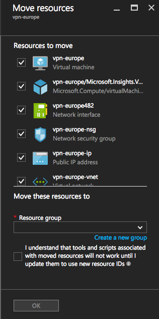 The move tab in resource group on Azure portal