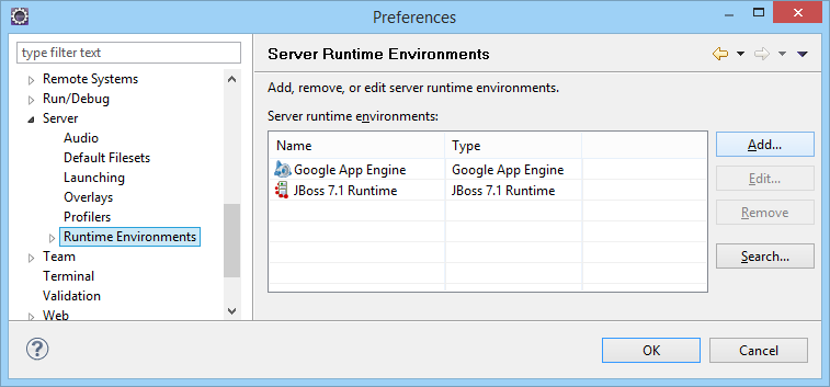 Server Runtime ENvironment List in Eclipse Preferences