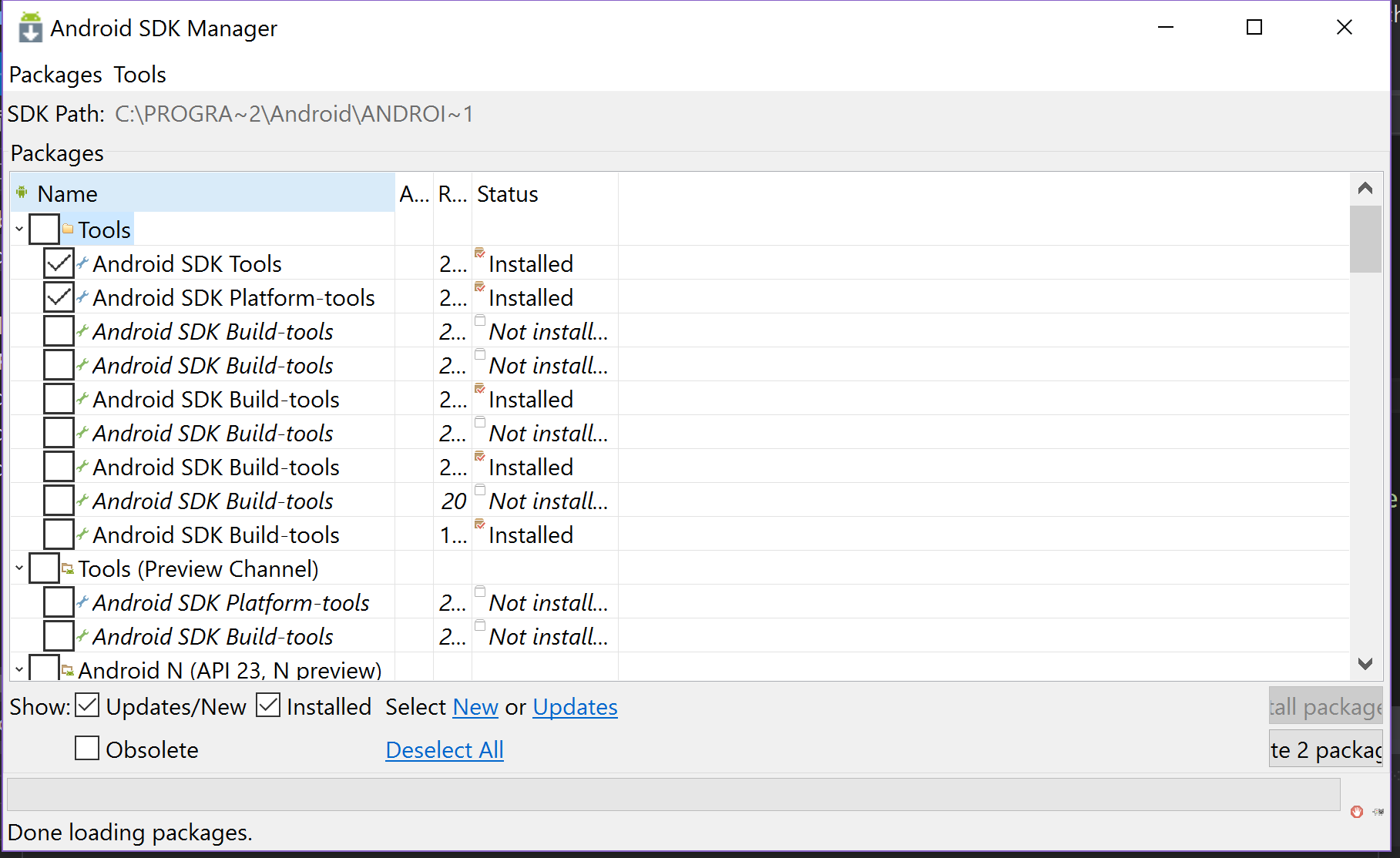 Android SDK Manager - see buttons at bottom right