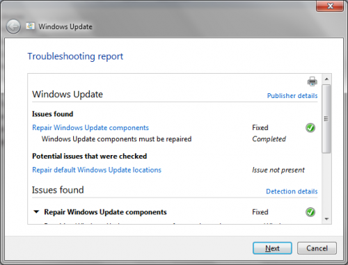 windows update troubleshooter results
