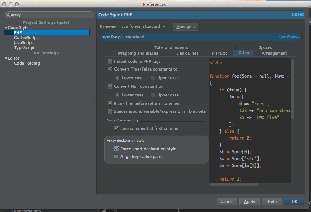 PhpStorm Code Style Array Declartion Style Force Short Style