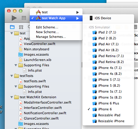 XCode screenshot of scheme dropdown