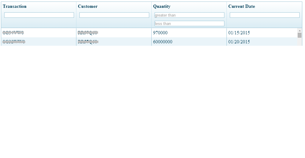 Example Table with free form filters