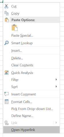 Excel menu with open hyperlink selected