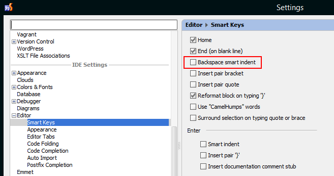 IDE Settings > Editor > Smart Keys > Backspace smart indent