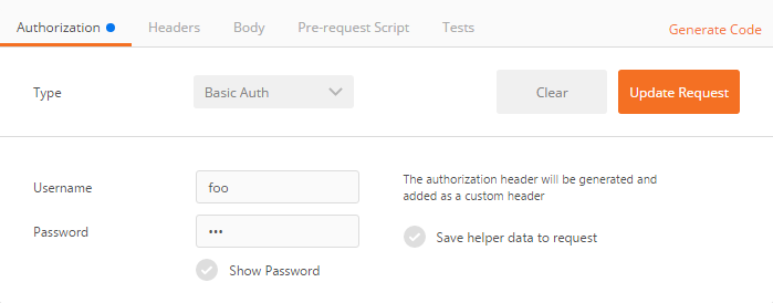 Postman's Authorization tab