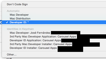 Certificate selection menu. Automatic: Mac Developer, Mac Distribution, Developer ID: *; others in Identities in Keychain