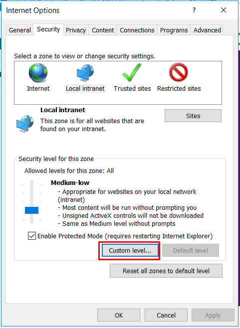 Screenshot of the Internet Options window. The Security tab is selected and the "Custom level..." button has a red box around it.