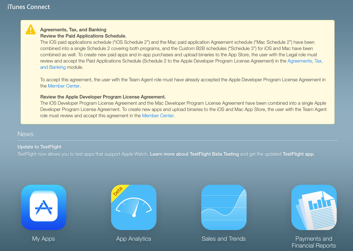 Itunes connect. App Store connect. Connection Agreement. Testflight update message.