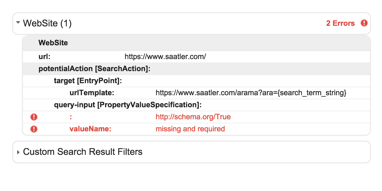 Google Structured Data Testing Tool: 2 Errors for WebSite