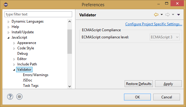 JavaScript validator preferences not allowing to change ECMAScript compliance level