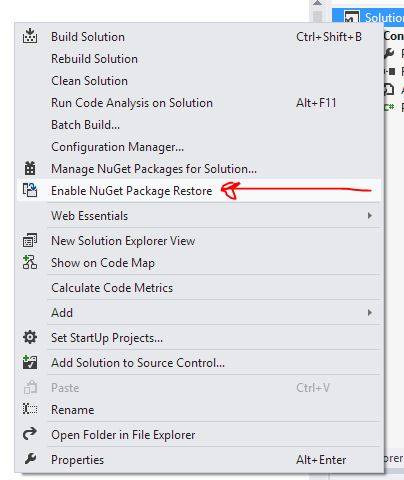 Right click your solution > choose 'Enable NuGet Package Restore'