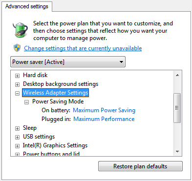 The inner frame of the Power Settings window's Advanced Settings tab, with the section Wireless Adapter Settings expanded.