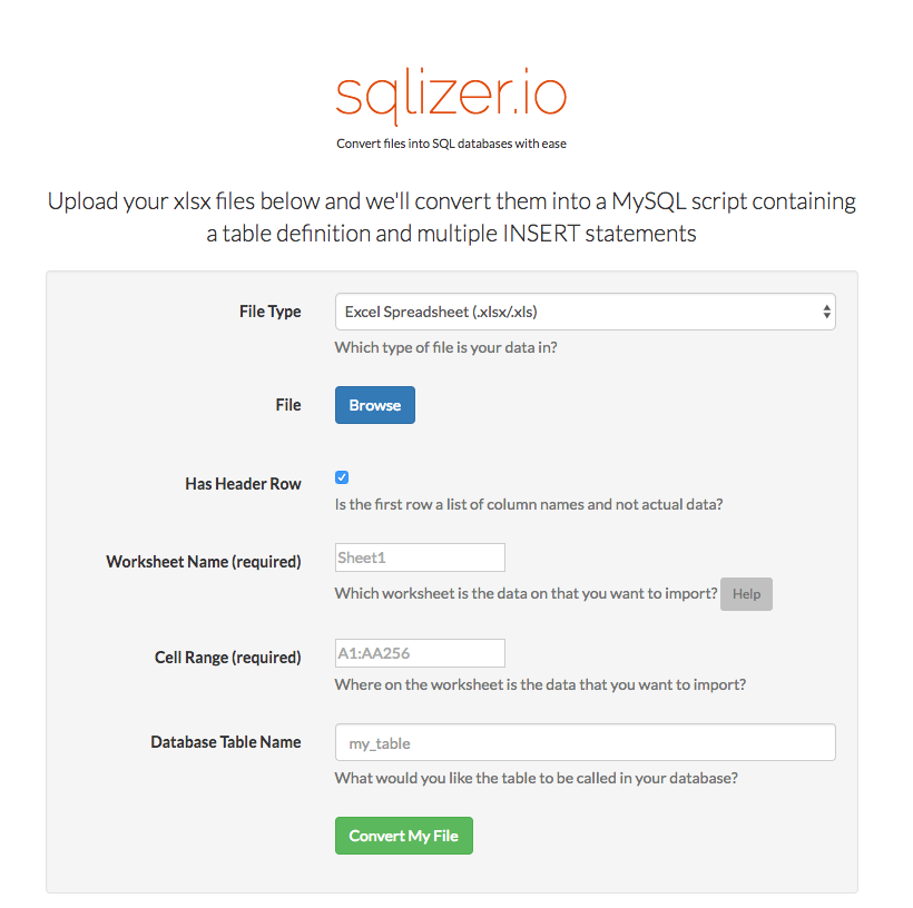 SQLizer.io ready to convert xlsx to sql