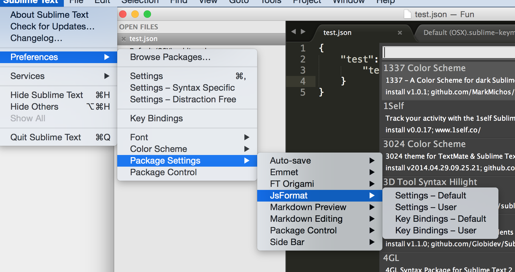 sublime text preferences, package settings, jsFormat