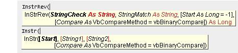 Comparison of '*InstrRev*' and '*Instr*' functions tips in VBA editor